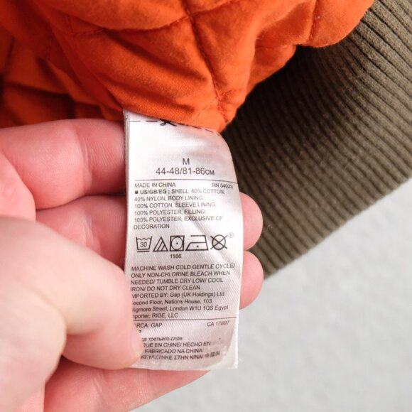 Gap Bomber Jacket Mens Medium Olive Green Patches Military Quilt Lined Retro - Picture 10 of 13
